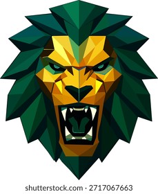 Ilustração vetorial de um logotipo feroz mascote da cabeça do leão com uma juba geométrica, apresentando linhas afiadas e uma expressão poderosa, isolada em um fundo escuro.