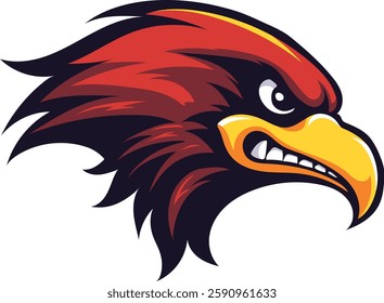 Vector illustration of a fierce and powerful eagle head in a side view, designed in a clean and dynamic mascot style. The eagle has sharp eyes, a strong curved beak, and stylized feathers, giving it a