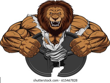 Vector illustration of a fierce strong lion bodybuilder breaks iron, over white background