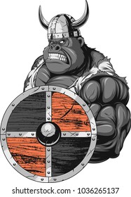 Vector illustration, fierce and strong muscular gorilla wearing viking clothes, on white background