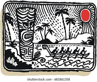 Vector illustration of fierce totem pole carving and natives paddling canoe.