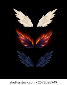 Vector illustration of fiery angel wings on isolated black background. Magic glowing effect. Fantasy. Fallen angel or demon. Realistic design. For decoration, logo and emblem.