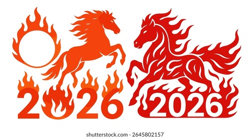 Ilustração vetorial de silhuetas de cavalo de fogo com crinas ardentes, números de chamas 2026 e anel de chama, simbolizando o ano zodíaco chinês Cavalo de Fogo, paixão, energia e celebração.