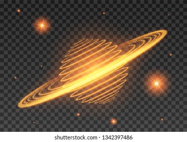 Vector illustration of a fiery planet and Saturn glowing stars,lighting effects, in isolation, lights and lines of fire clear. Abstract background. EPS 10
