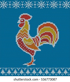 Vector illustration fiery red rooster. Rooster is a symbol of New Year 2017 on the Chinese calendar. Colorful knitted pattern.