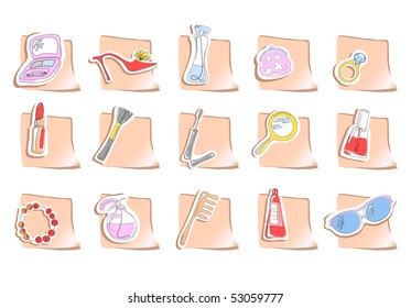 Vector illustration of fifteen square stickers with elements of beauty