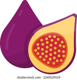 Vector illustration of a fig. Vector half fig showing the pulp. Half and whole. Fig slice.