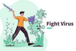 Vector Illustration Fight Against Covid-19 Virus Or  Coronavirus. Cure Corona Virus. People Fight Virus Concept. Corona Viruses Vaccine Concept. Don't Be Afraid Corona Virus Concept. Stop Coronavirus.