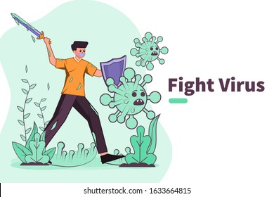 Vector illustration fight against covid-19 virus or  coronavirus. cure corona virus. people fight virus concept. corona viruses vaccine concept. don't be afraid corona virus concept. stop coronavirus.