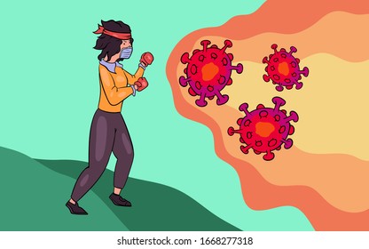 Vector illustration fight against covid-19 virus or coronavirus. cure corona virus. people fight virus concept. corona viruses vaccine concept. don't be afraid corona virus concept. stop coronavirus.
