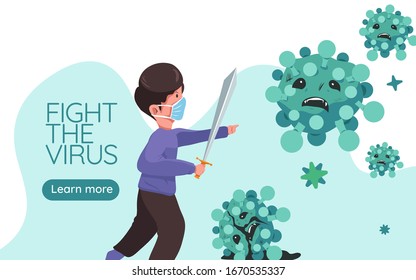 Vector illustration fight against covid-19 virus or coronavirus. cure corona virus. people fight virus concept. corona viruses vaccine concept. don%27t be afraid corona virus concept. stop coronavirus