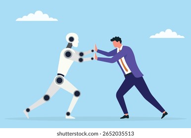 Ilustração vetorial de uma luta entre um homem de negócios e um robô, destacando a batalha contínua entre o engenho humano e o poder avançado da inteligência artificial