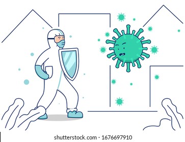 Vector illustration fight corona virus covid, doctor fight back virus bacteria with shield protect and save the city 