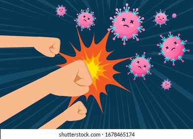 Vector Illustration Fight Corona Virus. Hand Fight Virus Concept.  Vaccine.