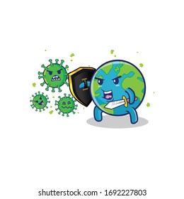 Vector Illustration Fight Corona Virus. Earth Fight Virus Cartoon Concept. Save Earth From Virus. Corona Virus With Illustrated Earth Attack