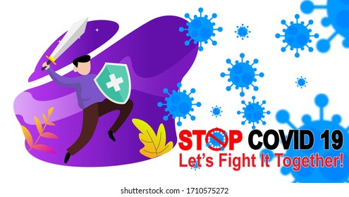 Vector illustration fight corona virus. cure corona virus. Man fight virus concept. 