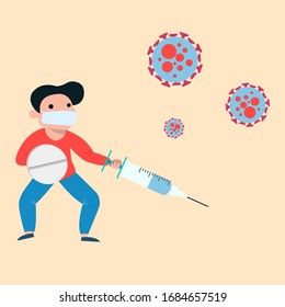 Vector illustration fight coronavirus concept. Covid-19 virus. Coronavirus vaccine concept. Protection from the virus concept. Ncov-19. People are fighting the virus.