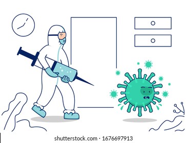 Vector illustration fight covid corona virus, doctor with protective suit carry vaccine syringe injection fight virus concept