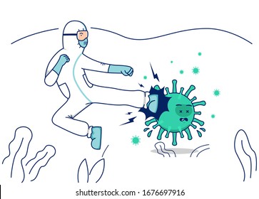 Vector illustration fight covid corona virus, Doctor with hazmat protective suit flying kick fight virus concept 