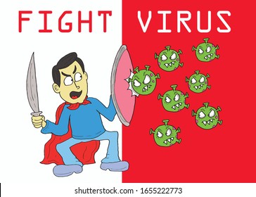 Vector illustration fight covid-19 corona virus. cure corona virus. people fight virus concept. corona viruses vaccine concept. end of 2019-ncov. don't be afraid of the corona virus concept.