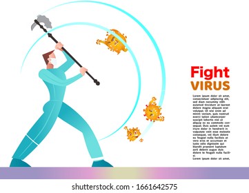 Vector illustration fight covid-19 corona virus. cure corona virus. People  fight virus concept