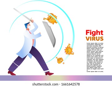 Vector Illustration Fight Covid-19 Corona Virus. Cure Corona Virus. Doctor Fight Virus Concept