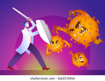 Vector illustration fight covid-19 corona virus. cure corona virus. Doctor fight virus concept