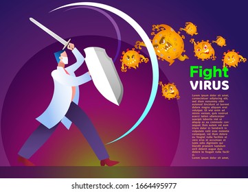 Vector illustration fight covid-19 corona virus. cure corona virus. Doctor fight virus concept