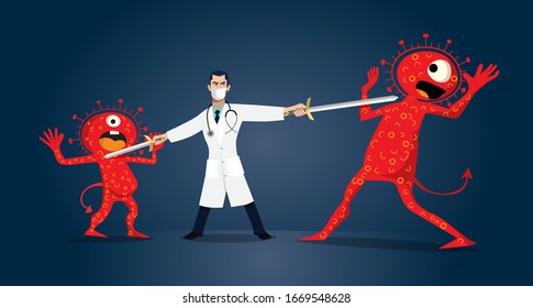 Vector illustration fight covid-19 corona virus. cure corona virus. Doctor fight virus concept