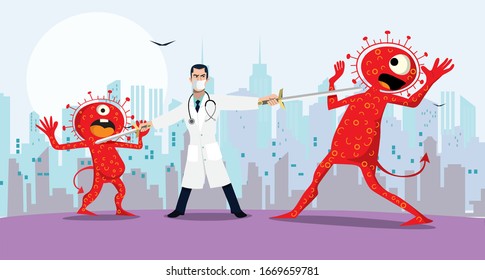 Vector illustration fight covid-19 corona virus. cure corona virus. Doctor fight virus concept