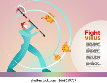 Vector illustration fight covid-19 corona virus. cure corona virus. People  fight virus concept