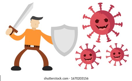 Vector illustration fight covid-19 corona virus. cure corona virus. people fight virus concept. don't be afraid of the corona virus concept.