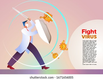 Vector Illustration Fight Covid-19 Corona Virus. Cure Corona Virus. Doctor Fight Virus Concept