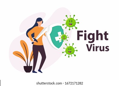 Vector illustration fight covid-19 corona virus. cure corona virus. people fight virus concept. corona viruses vaccine concept. end of 2019-ncov. don't be afraid of the corona virus concept.