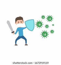 Vector illustration fight covid-19 corona virus. cure corona virus. people fight virus concept. corona viruses vaccine concept. isolated white background