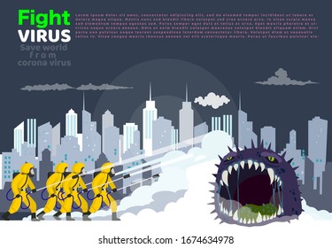 Vector illustration fight covid-19 corona virus. cure corona virus. Doctor fight virus concept. corona viruses vaccine concept. 