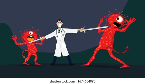 Vector illustration fight covid-19 corona virus. cure corona virus. Doctor fight virus concept