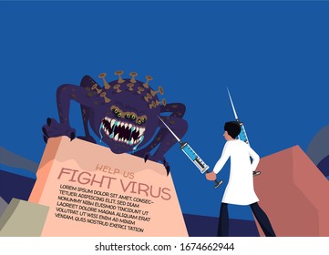 Vector illustration fight covid-19 corona virus. cure corona virus. Doctor fight virus concept. corona viruses vaccine concept. 