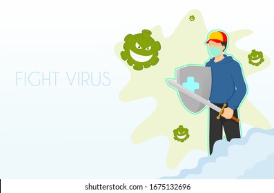 Vector illustration fight covid-19 corona virus. cure corona virus. people fight virus concept. corona viruses vaccine concept. end of 2019-ncov. don't be afraid of the corona virus concept