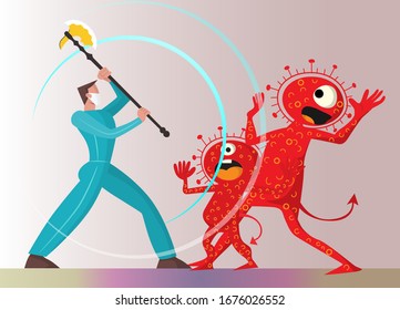 Vector illustration fight covid-19 corona virus. cure corona virus. People  fight virus concept