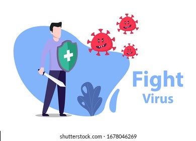 Vector illustration fight covid-19 corona virus. cure corona virus. people fight virus concept. corona viruses vaccine concept. end of 2019-ncov. don't be afraid of the corona virus concept.
