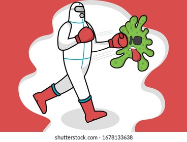 Vector illustration fight covid-19 corona virus. Hazmat fight virus concept. End of 2019-ncov. 