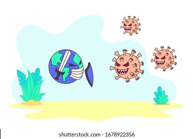 Vector illustration fight covid-19 corona virus.
Concept of fighting against coronavirus.
Earth fights against corona virus, a metaphor about us fighting against corona virus.