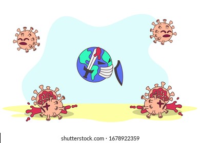 Vector illustration fight covid-19 corona virus. Earth kills all corona virus. Concept of fighting against coronavirus. Earth fights against corona virus. World against corona virus.