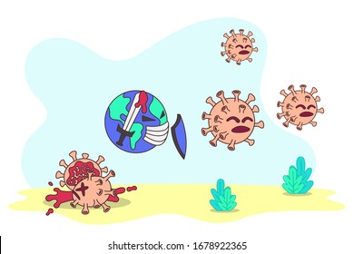 Vector illustration fight covid-19 corona virus. Earth kills corona virus. Concept of fighting against coronavirus.
Earth fights against corona virus a metaphor about us fighting against corona virus.