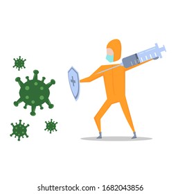 Vector illustration fight covid-19 corona virus. Cartoon man character fighting with virus. cure corona virus. people fight virus concept. Good to place on healthcare and medical content.