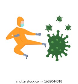 Vector illustration fight covid-19 corona virus. Cartoon man character fighting with virus. cure corona virus. people fight virus concept. Good to place on healthcare and medical content.