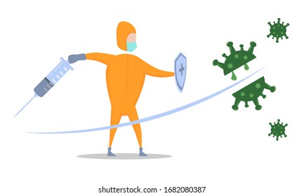 Vector illustration fight covid-19 corona virus. Cartoon man character fighting with virus. cure corona virus. people fight virus concept. Good to place on healthcare and medical content.