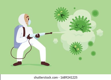 Vector illustration fight covid-19 corona virus. disinfection corona virus. people fight virus concept. corona viruses vaccine concept. end of 2019-ncov. don't be afraid of the corona virus concept.
