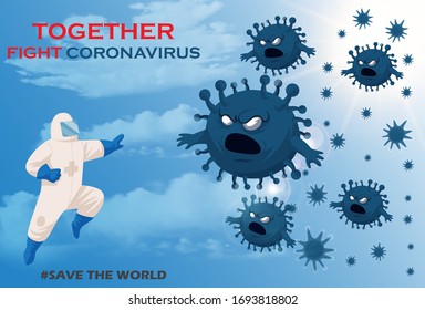 Vector illustration fight covid-19 corona virus. cure corona virus. people fight virus concept. corona viruses vaccine concept. end of 2019-ncov. don't be afraid of the corona virus concept.